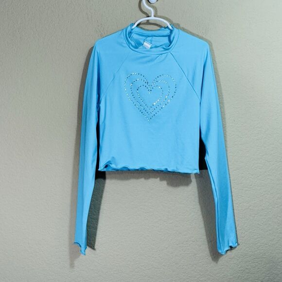 LoveShackFancy x Hurley Blue Rhinestone Heart Long Sleeve Rash Guard Top Size S - Picture 4 of 11